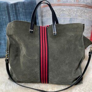 Clare V Simple Tote Green Suede with Red stripe